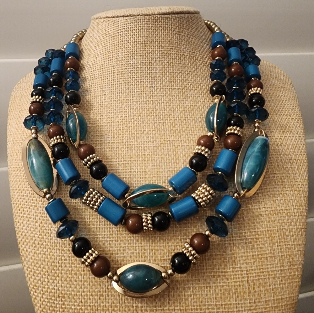 Chunky Blue Teal Multi-Strand Statement Necklace … - image 2